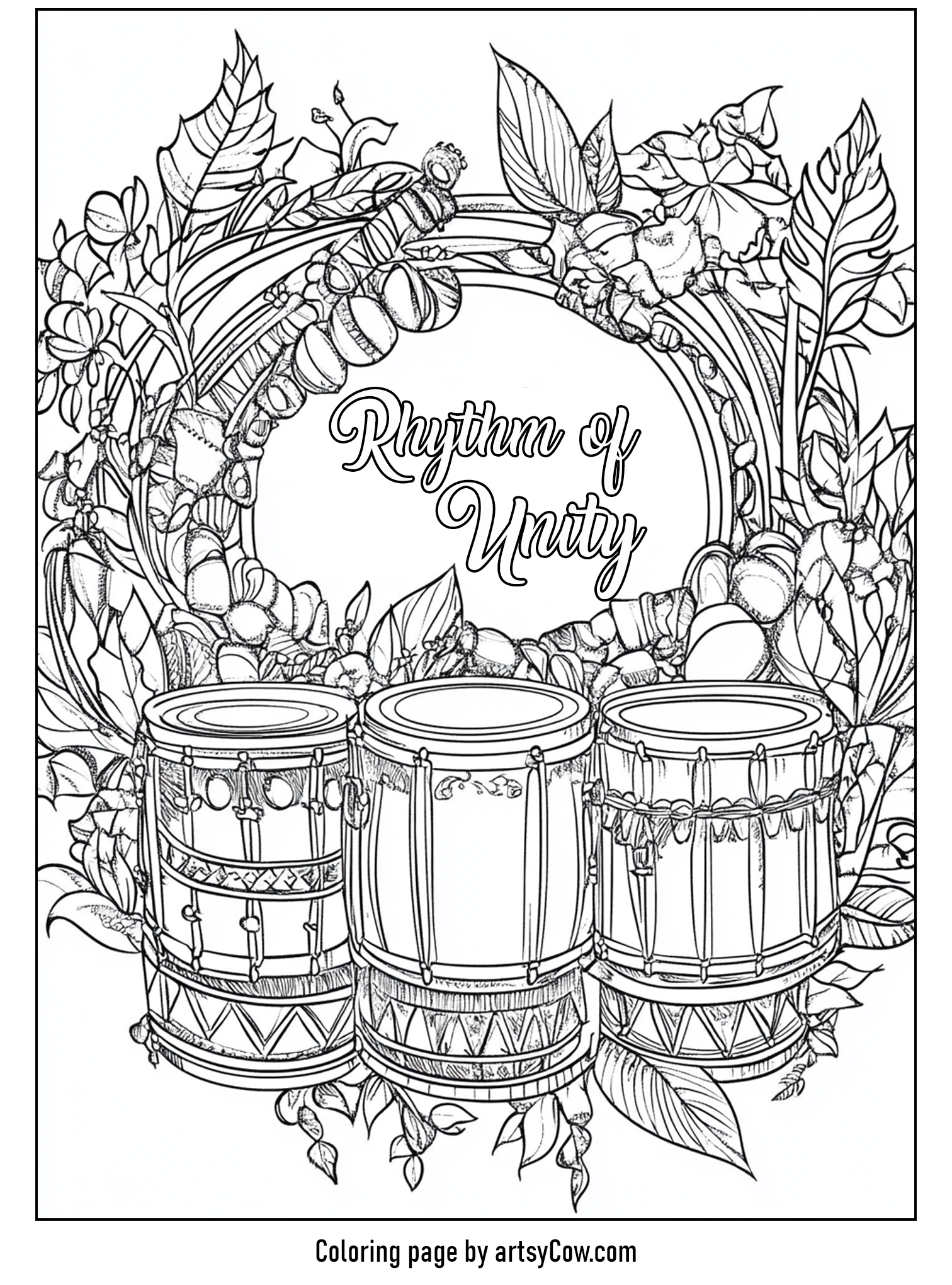 Thanksgiving coloring pages for adults featuring a detailed illustration of a native drum circle surrounded by leaves and the words 'Rhythm of Unity'.
